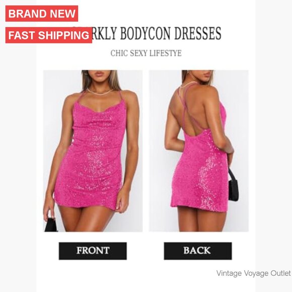 Sequin Bodycon Mini Dress Sleeveless Backless Party Club Night Out - Picture 3 of 6